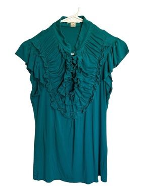 💗5 FOR $25💗 Forever 21 Teal Y2K Ruffle V-Neck Blouse Size M Flutter Sleeve